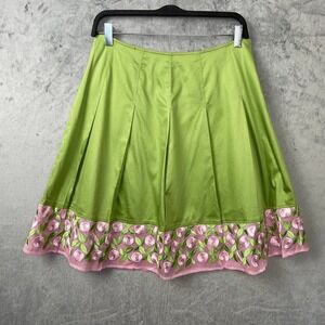 Cottagecore Cotton Embroidered A-Line Knee-Length Skirt 12 Floral Pink Green